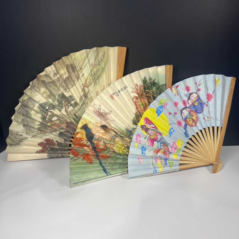 Vintage Asian Folding Hand Fans Set 3 Bamboo Paper Landscape Birds Floral Decor